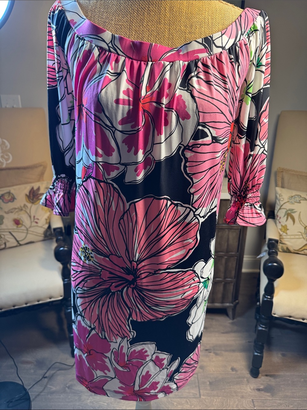 Tori Richard Black and Pink Off-Shoulder Floral Dress M NWT